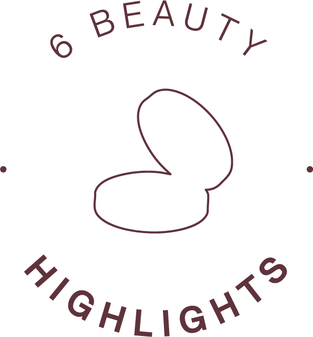 Schriftzug 6 Beauty Neuheiten und eine Umrandung eines Puders