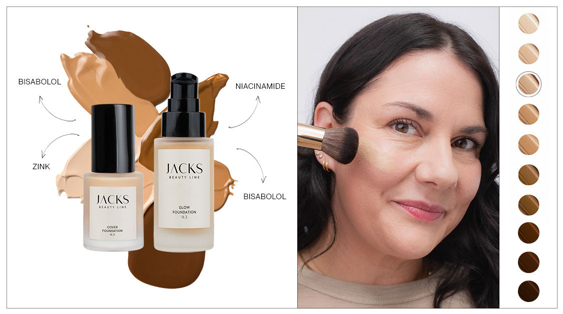 Frau mit dunklen Haaren und Rosacea im mit Foundation und Inhaltsstoffen