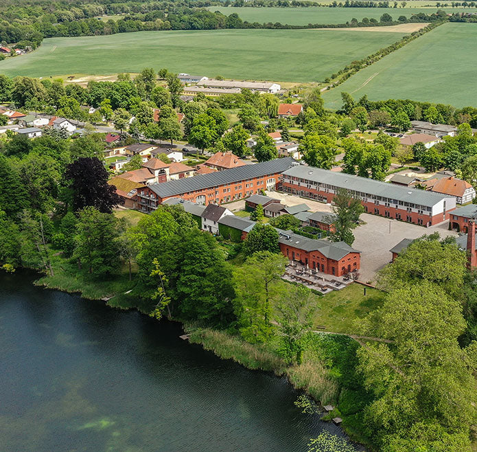 Kleines Dorf am Fluss umgeben von Wiese und Bäumen
