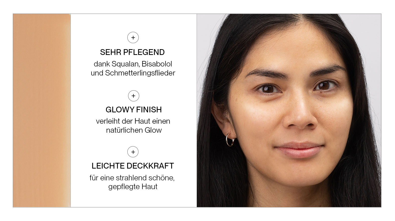 Frau trägt JACKS beauty line Glow Foundation im Gesicht mit Schriftzug der Merkmale des Produkts
