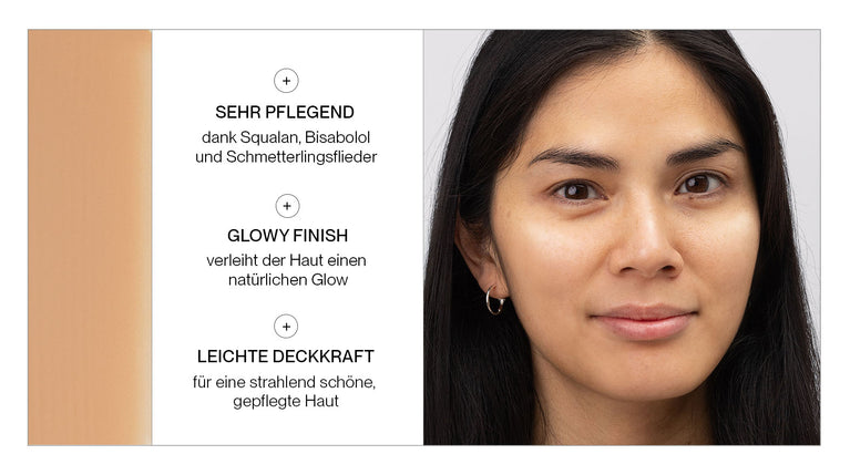 Frau trägt JACKS beauty line Glow Foundation im Gesicht mit Schriftzug der Merkmale des Produkts