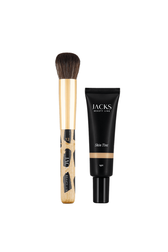 #farbwunsch_light, JACKS beauty line Skin Tint Light und der #12 Foundationpinsel im Animal Print