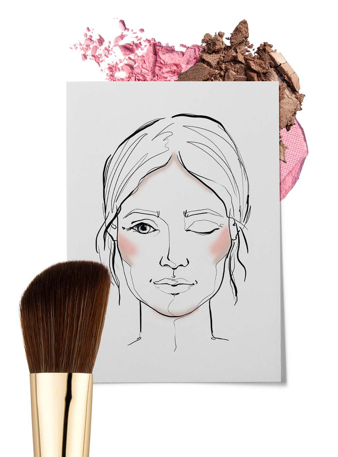 Gezeichnete Grafik eines Frauengesichts mit einem abgeschrägten Rougepinsel im Vordergrund