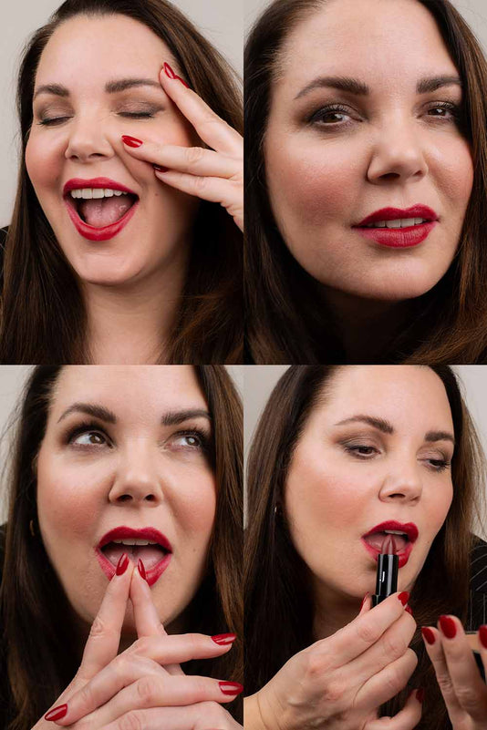 4 Bilder von Paula Lambert mit dem JACKS beauty line Lipstick in Dark Red auf den Lippen