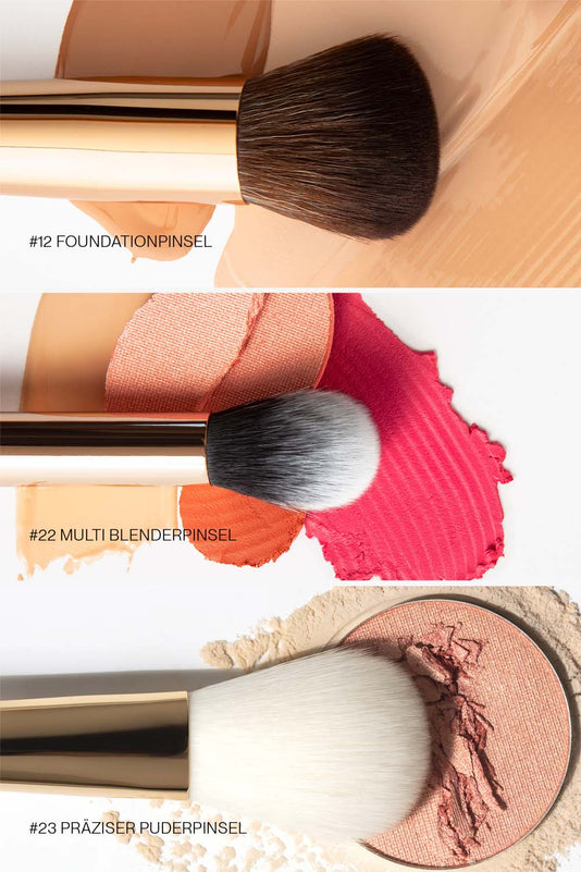 Close up von 3 Make-up Pinseln von JACKS beauty line mit Swatches von Kosmetikprodukten