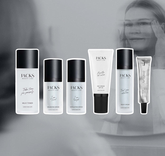 JACKS beauty line Skincare Range - alle Produkte nebeneinander stehend