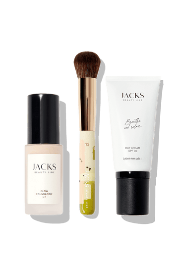Bestseller set #farbwunsch_n-1, Day Cream, Foundationpinsel im Strawberry Matcha Design und Glow Foundation in N1