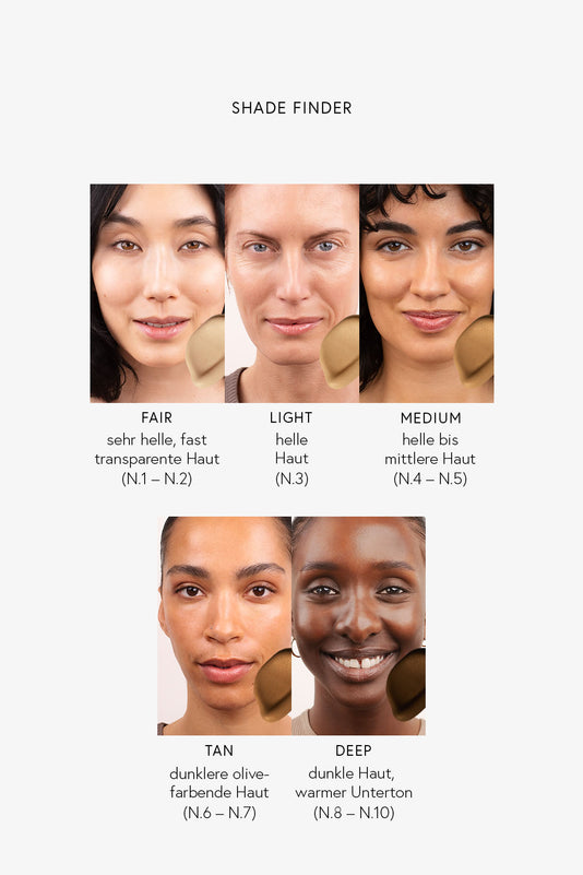 #farbwunsch_fair, #farbwunsch_light, #farbwunsch_medium, #farbwunsch_tan, #farbwunsch_deep, Frauen mit 5 verschiedenen Hautfarben für das JACKS beauty line Skin Tint