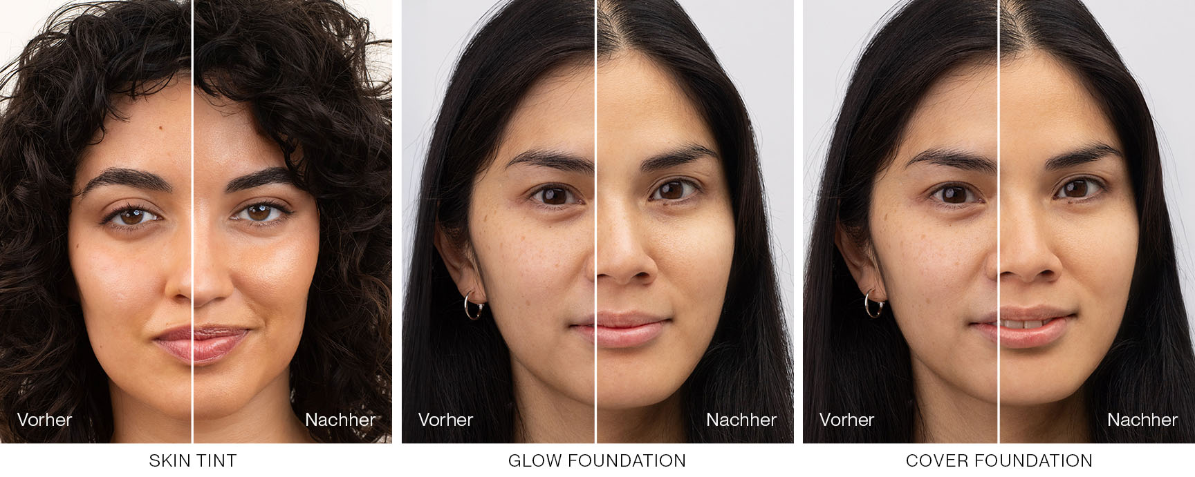 3 Frauen tragen jeweils auf einer Hälfte des Gesichts eine Foundation von JACKS beauty line