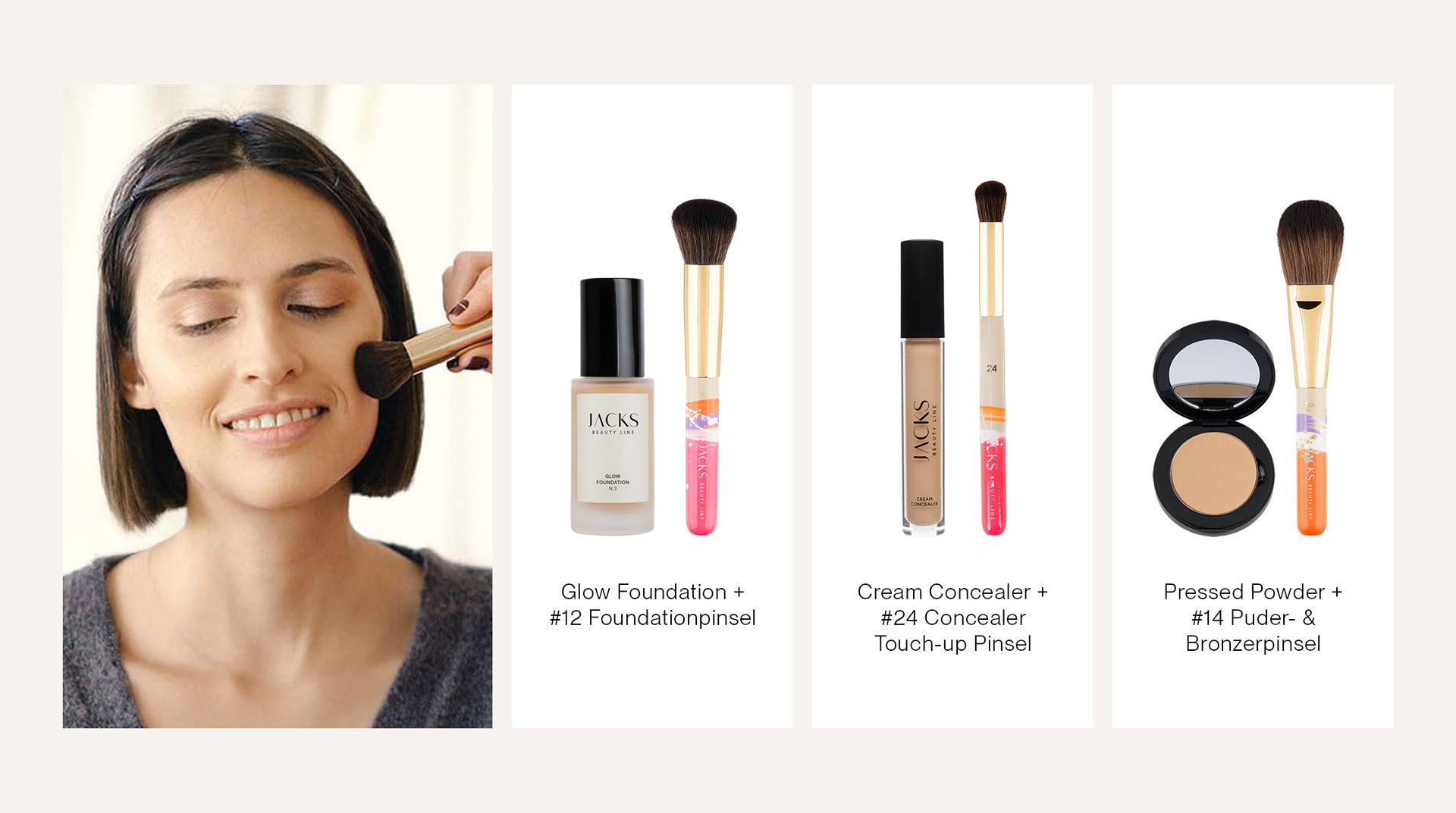 Frau wird mit der JACKS beauty line Glow Foundation, Concealer und Puder geschminkt