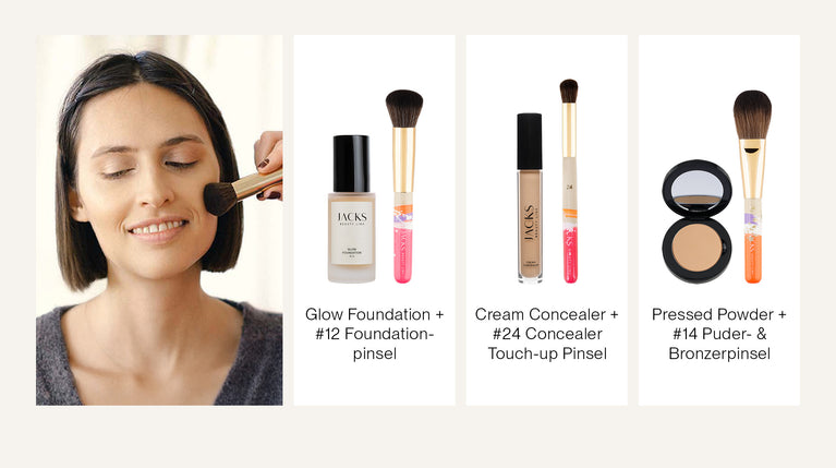 Frau wird mit der JACKS beauty line Glow Foundation, Concealer und Puder geschminkt