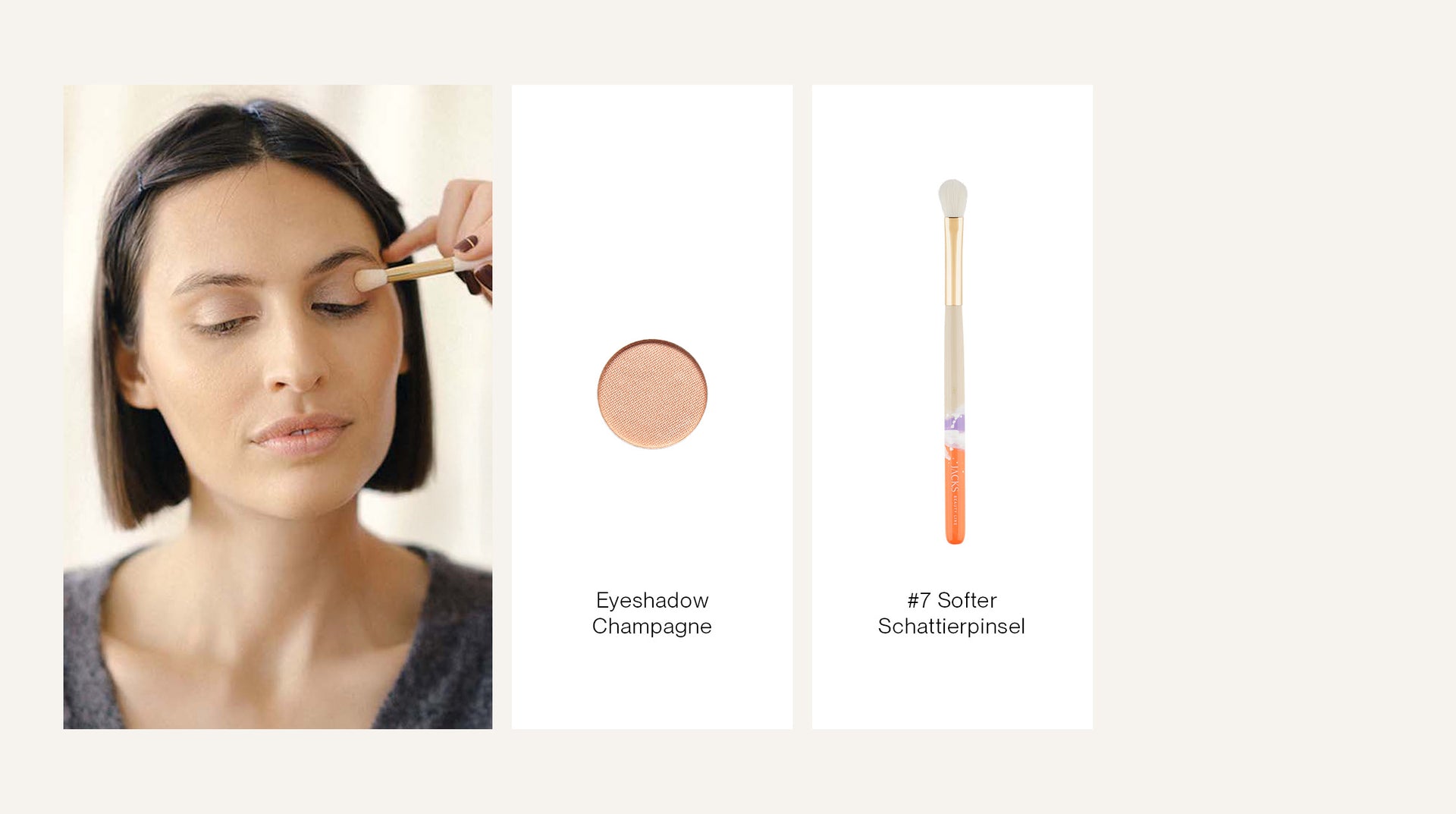 Frau wird mit dem JACKS beauty line Lidschatten in Champagne und dem Schattierpinsel geschminkt