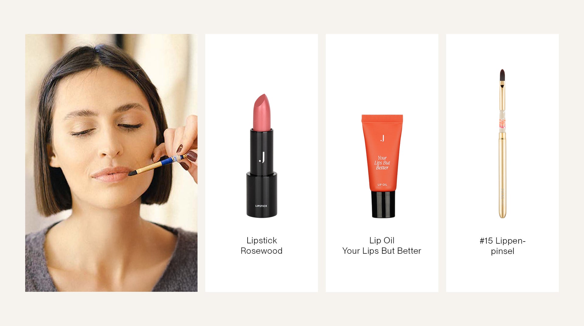 Frau wird mit dem JACKS beauty line Lipstick, Lip Oil und Lippenpinsel geschminkt