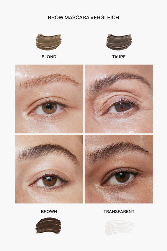 #farbwunsch_brown, #farbwunsch_taupe, #farbwunsch_blond, #farbwunsch_transparent,#farbwunsch_taupe-+-transparent,#farbwunsch_brown-+-transparent,#farbwunsch_blond-+-transparent, Vergleich von hellen bis dunkleren Aufenbrauen mit der Brow Mascara inklusive Farbswatch