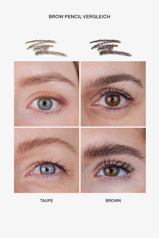 #farbwunsch_brown, #farbwunsch_taupe, Vergleich von hellen bis dunkleren Augenbrauen mit dem Eyebrow Pencil