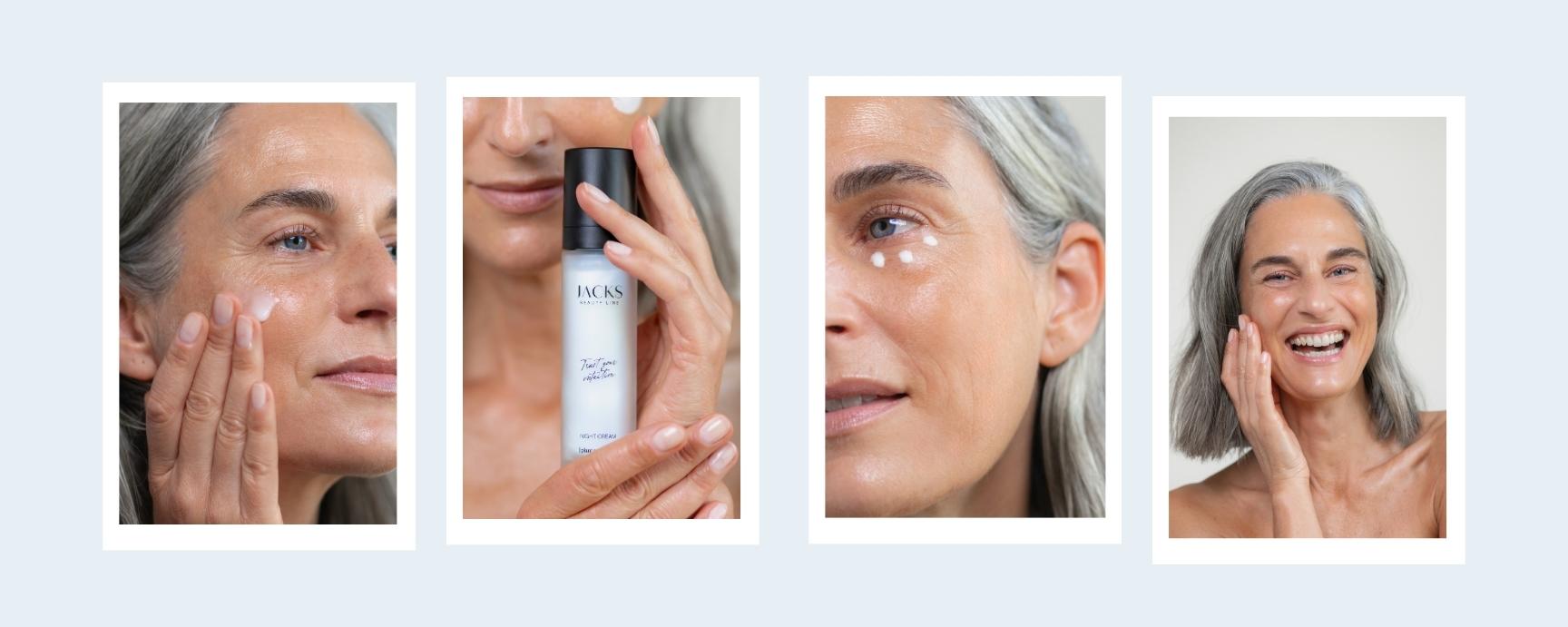 Frau Ü40 trägt in vier Schritten Skincare Produkte auf