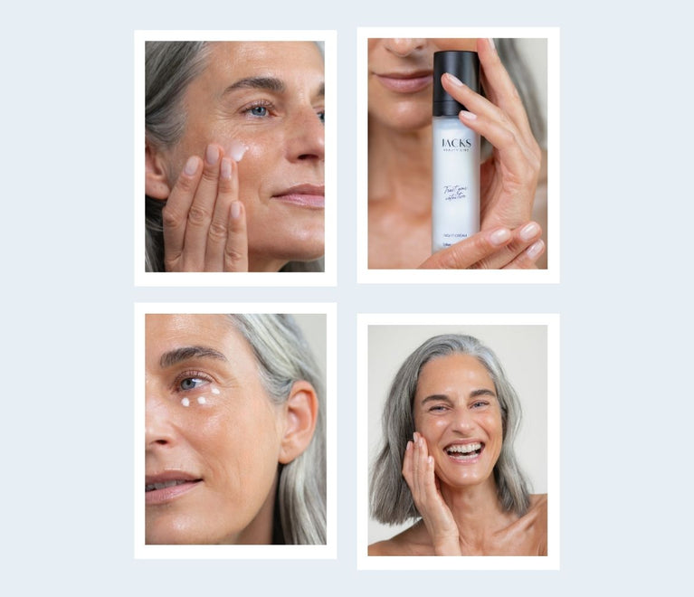 Frau Ü40 trägt in vier Schritten Skincare Produkte auf