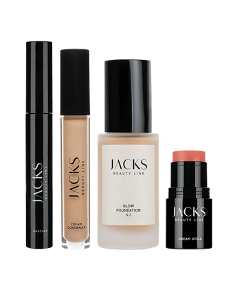 Freisteller mit der JACKS beauty line Mascara, Cream Concealer, Glow Foundation und Cream Stick Blush