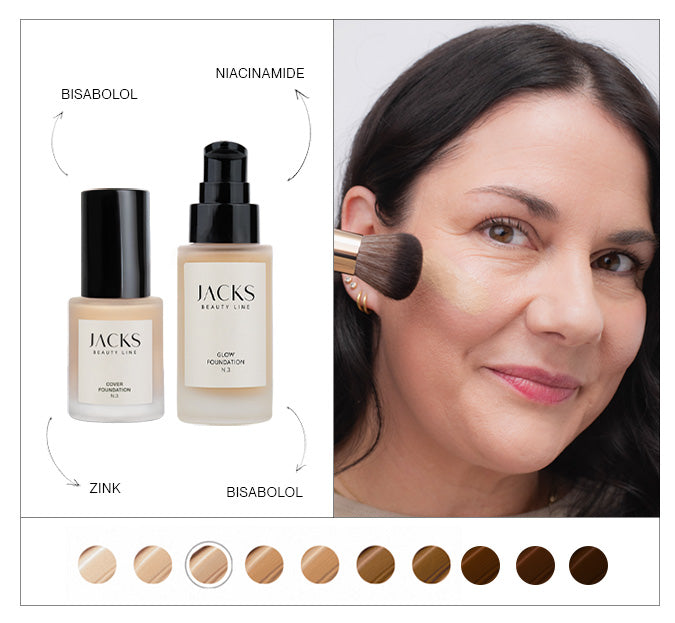 Frau mit dunklen Haaren und Rosacea im mit Foundation und Inhaltsstoffen