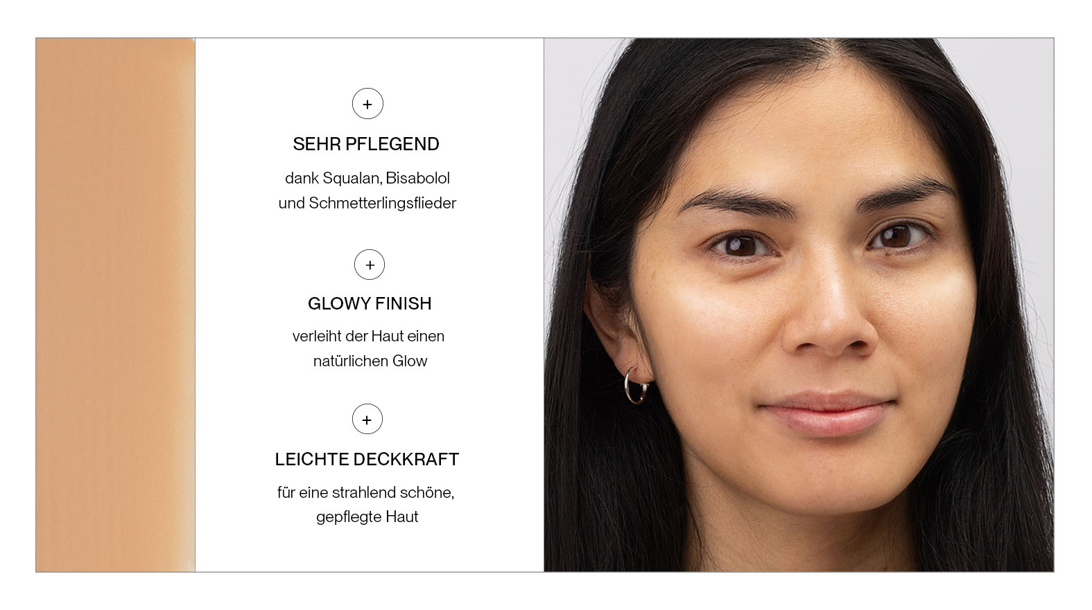 Frau trägt JACKS beauty line Glow Foundation im Gesicht mit Schriftzug der Merkmale des Produkts