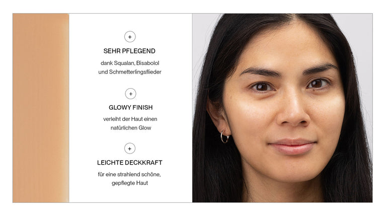 Frau trägt JACKS beauty line Glow Foundation im Gesicht mit Schriftzug der Merkmale des Produkts