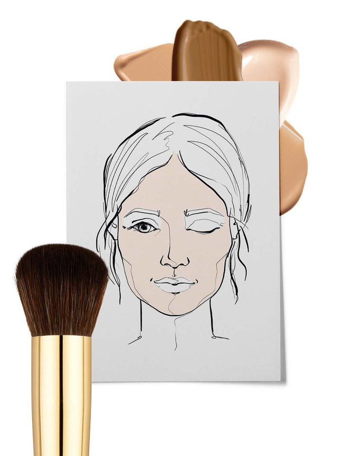 Gezeichnete Grafik eines Frauengesichts mit einem Foundationpinsel im Vordergrund