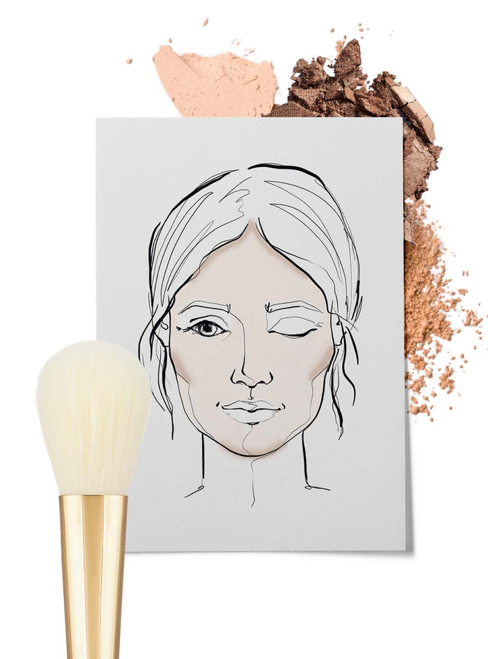 Gezeichnete Grafik eines Frauengesichts mit einem abgerundeten Puderpinsel im Vordergrund