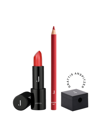 #farbwunsch_signature-red, JACKS beauty line Lipliner und Lipstick in Signature Red mit Anspitzer