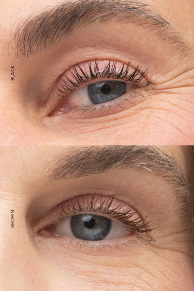 #farbwunsch_braun, Close-up von getuschten Wimpern: Vergleich braune vs. schwarze Mascara