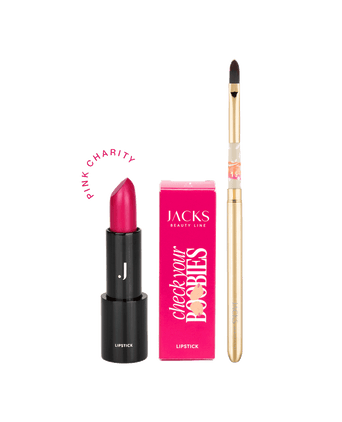 Pink Charity mit Lipstick zur Pink Charity Aktion 2024 und #15 Lippenpinsel von JACKS beauty line