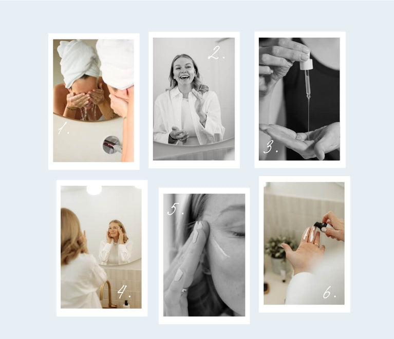 6 Schritte in der Skincare Routine als Collage