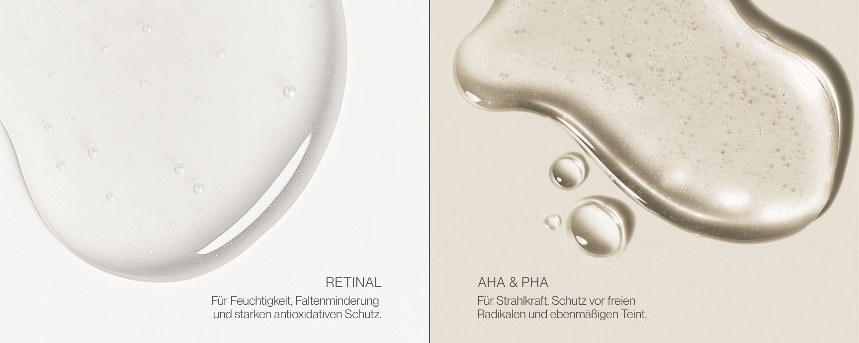 Retinaltropfen neben einem AHA und PHA Tropfen mit den jeweiligen USPs